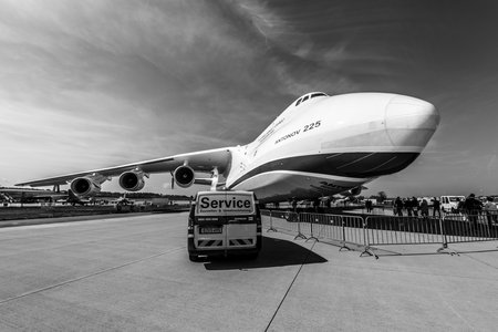 BERLIN, GERMANY - APRIL 27, 2018: Strategic airlifter Antonov An-225 Mriya by Antonov Airlines on the airfield. Black and white. Exhibition ILA Berlin Air Show 2018のeditorial素材