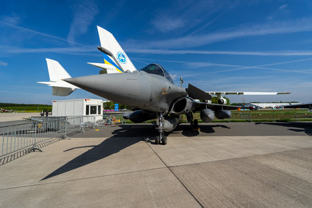 BERLIN, GERMANY - APRIL 27, 2018: Multirole fighter Dassault Rafale C on the airfield. French Air Force. Exhibition ILA Berlin Air Show 2018のeditorial素材