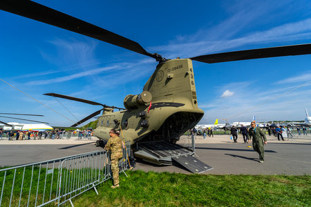 BERLIN, GERMANY - APRIL 27, 2018: Transport helicopter Boeing CH-47 Chinook. US Army. Exhibition ILA...