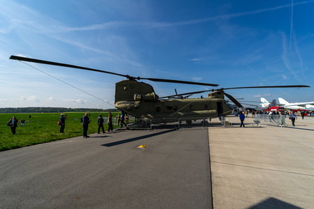 BERLIN, GERMANY - APRIL 27, 2018: Transport helicopter Boeing CH-47 Chinook. US Army. Exhibition ILA...