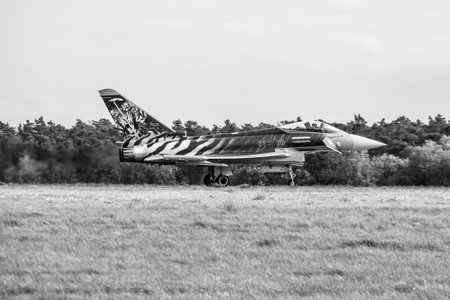 BERLIN, GERMANY - APRIL 27, 2018: Multirole fighter Eurofighter Typhoon on the runway. Black and white. Exhibition ILA Berlin Air Show 2018のeditorial素材