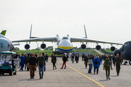 BERLIN, GERMANY - APRIL 27, 2018: Strategic airlifter Antonov An-225 Mriya by Antonov Airlines on the airfield. Exhibition ILA Berlin Air Show 2018のeditorial素材