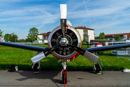BERLIN - APRIL 27, 2018: Light attack / Trainer aircraft North American T-28B Trojan on the airfield. Exhibition ILA Berlin Air Show 2018.のeditorial素材