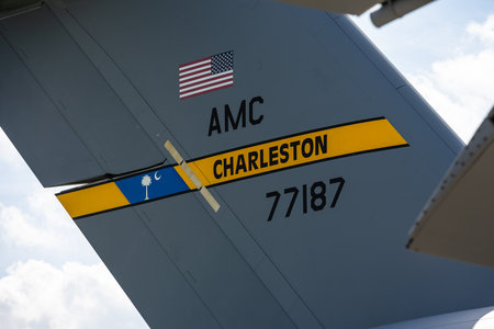 BERLIN - APRIL 27, 2018: The empennage of a strategic and tactical airliner Boeing C-17 Globemaster...