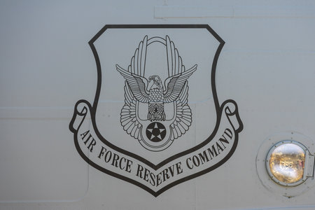 BERLIN - APRIL 27, 2018: Emblem (Air Force Reserve Command) on the fuselage of Boeing C-17 Globemaster. US Air Force. Exhibition ILA Berlin Air Show 2018.のeditorial素材