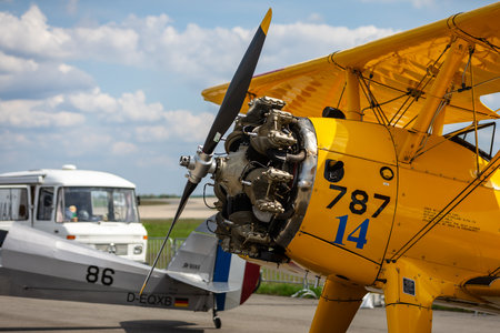 BERLIN - APRIL 27, 2018: Radial engine of the biplane trainer Boeing-Stearman Model 75 Kaydet....