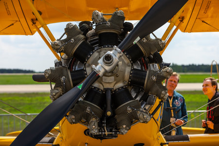 BERLIN - APRIL 27, 2018: Radial engine of the biplane trainer Boeing-Stearman Model 75 Kaydet. Exhibition ILA Berlin Air Show 2018.のeditorial素材