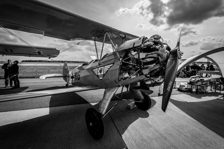 BERLIN - APRIL 27, 2018: Biplane trainer Focke-Wulf Fw 44J Stieglitz (Goldfinch). Black and white....