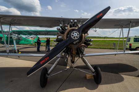 BERLIN - APRIL 27, 2018: Biplane trainer Focke-Wulf Fw 44J Stieglitz (Goldfinch). Exhibition ILA...
