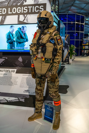 BERLIN - APRIL 27, 2018: Protective equipment for pilots CBRN protective clothing, design by...