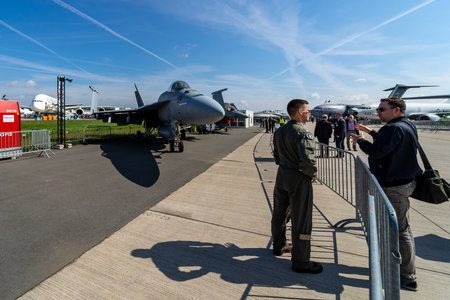 BERLIN - APRIL 27, 2018: Carrier-based multirole fighter Boeing F/A-18E Super Hornet. United States...