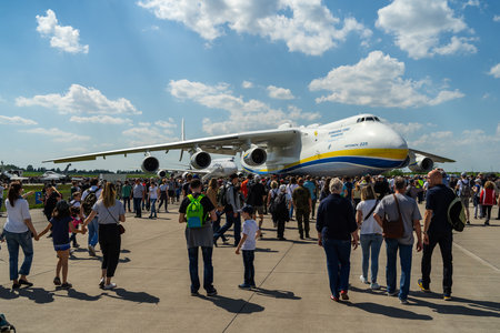 BERLIN - APRIL 28, 2018: Strategic airlifter Antonov An-225 Mriya by Antonov Airlines on the airfield. Exhibition ILA Berlin Air Show 2018のeditorial素材