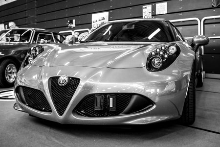 PAAREN IM GLIEN, GERMANY - MAY 19, 2018: Sports car Alfa Romeo 4C Spider (Type 960). Black and white. Die Oldtimer Show 2018.のeditorial素材