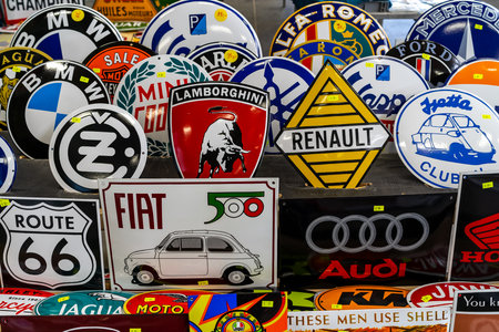 PAAREN IM GLIEN, GERMANY - MAY 19, 2018: The background of the emblems of various auto and moto brands. Die Oldtimer Show 2018.のeditorial素材