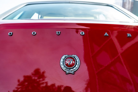 PAAREN IM GLIEN, GERMANY - MAY 19, 2018: Emblem of the personal luxury car Mercury Cougar XR-7. Die Oldtimer Show 2018.のeditorial素材