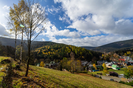SPINDLERUV MLYN, CZECH REPUBLIC - OCTOBER 24, 2018: Streets and houses of the most frequented mountain and ski resorts in the country.のeditorial素材