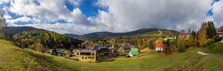 SPINDLERUV MLYN, CZECH REPUBLIC - OCTOBER 24, 2018: Panoramic view on the streets and houses of the most frequented mountain and ski resorts in the country.のeditorial素材