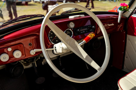 PAAREN IM GLIEN, GERMANY - MAY 19, 2018: Interior of a compact car Trabant 600 (P60), 1963. Die Oldtimer Show 2018.のeditorial素材