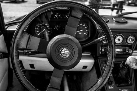 PAAREN IM GLIEN, GERMANY - MAY 19, 2018: Interior of a sports car Alfa Romeo Spider Series 3. Black and white. Die Oldtimer Show 2018.のeditorial素材