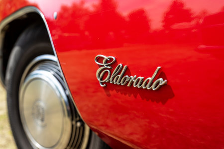 PAAREN IM GLIEN, GERMANY - MAY 19, 2018: Emblem of a full-size luxury car Cadillac Eldorado, 1975. Die Oldtimer Show 2018.のeditorial素材