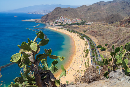 The famous white sand beach Playa de Las Teresitas. Tenerife. Canary Islands. Spain. View from the observation deck - Mirador Las Teresitas.の写真素材