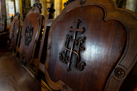 LA OROTAVA, TENERIFE, CANARY ISLANDS, SPAIN - JULY 25, 2018: Element of religious ornament on a bench in the Church of Our Lady of Conception.のeditorial素材