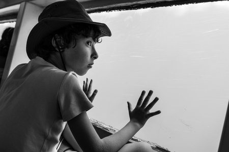 The boy is watching the underwater world through the large porthole below of  the waterline a tourist ship. Black and white.の写真素材