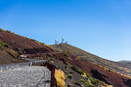 View of the valley of Teide volcano. In the background is the Teide Observatory. Viewpoint: Mirador Montana Limon. Tenerife. Canary Islands. Spain.の写真素材