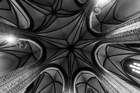 BERLIN - SEPTEMBER 09, 2018: Interior of the Church of St. Nicholas in the historic center of Altstadt Spandau. Black and white.のeditorial素材