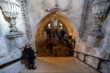 KUTNA HORA, CZECH REPUBLIC - OCTOBER 26, 2018: Interior of Sedlec Ossuary, a small Roman Catholic chapel, located beneath the Cemetery Church of All Saints.のeditorial素材