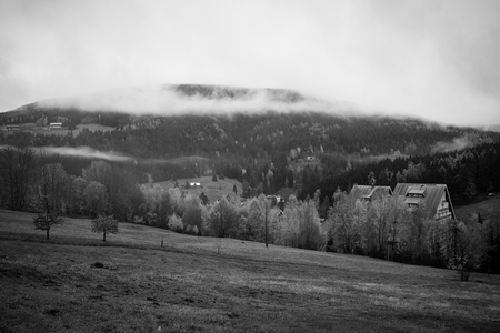 Mountains near the town Spindleruv Mlyn. Czech. Giant Mountains (Krkonose) - are a mountain range located in the north of the Czech Republic. Black and white.の写真素材
