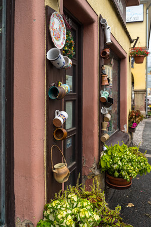 VRCHLABI, CZECH REPUBLIC - OCTOBER 25, 2018: External ceramic decoration of the gift shop. The town located in the northern part of Hradec Kralove Region, in the roots of the Krkonose Mountains. First mentioned in 1359.のeditorial素材
