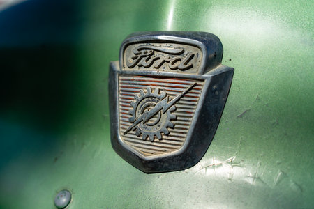 BERLIN - MAY 05, 2018: The emblem of full-size pickup truck Ford F-100, 1953. Close-up.