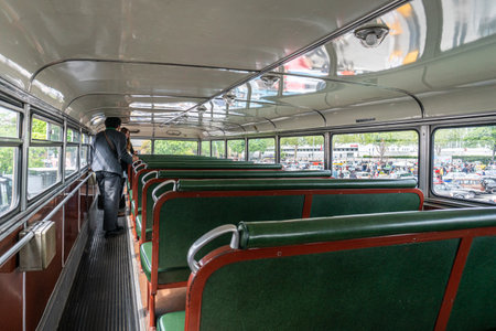 BERLIN - MAY 11, 2019: Interior of second deck of the double-decker bus Buessing D2U 64, 1965. 32th Berlin-Brandenburg Oldtimer Day.のeditorial素材