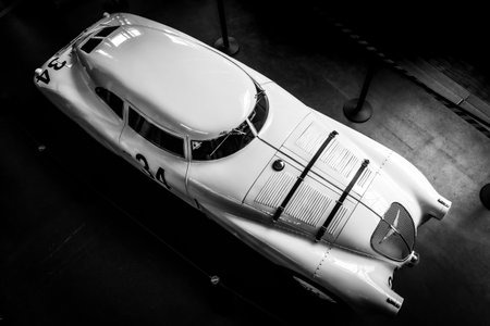 BERLIN - MAY 11, 2019: Race car Adler Trumpf Rennlimousine, 1937. Top view. Black and white. 32th Berlin-Brandenburg Oldtimer Day.のeditorial素材