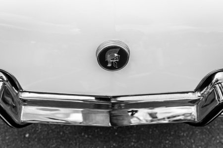 BERLIN - MAY 11, 2019: The emblem on the trunk lid of mid-size car Buick Skylark, 1972. Black and white. 32th Berlin-Brandenburg Oldtimer Day.のeditorial素材