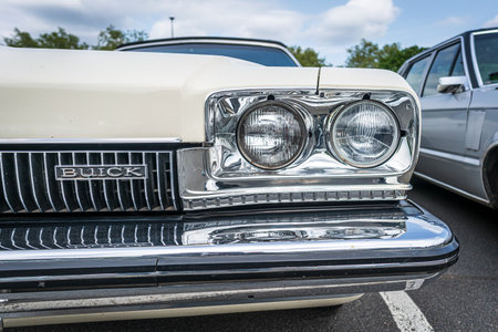 BERLIN - MAY 11, 2019: Headlamp of mid-size car Buick Skylark, 1972. 32th Berlin-Brandenburg Oldtimer Day.のeditorial素材