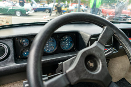 BERLIN - MAY 11, 2019: Dashboard of small family car Innocenti Mini de Tomaso, 1981. 32th Berlin-Brandenburg Oldtimer Day.のeditorial素材