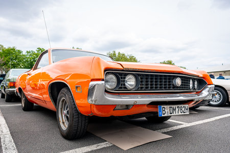 BERLIN - MAY 11, 2019: Muscle car Ford Torino Cobra, 1970. 32th Berlin-Brandenburg Oldtimer Day.のeditorial素材