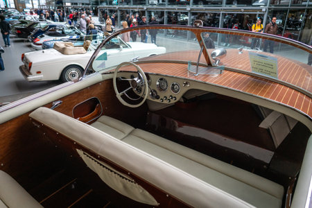 BERLIN - MAY 11, 2019: Interior of motor boat Molinari Super Tovel Riva, 1963. 32th Berlin-Brandenburg Oldtimer Day.のeditorial素材