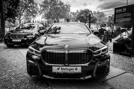 BERLIN - MAY 11, 2019: Full-size luxury car BMW 750i xDrive Limousine. Black and white. 32th Berlin-Brandenburg Oldtimer Day.のeditorial素材