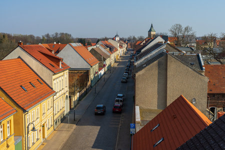 ALTLANDSBERG, GERMANY - APRIL 06, 2019: Central street of a small historic town near Berlin. Bird's eye view. The first mention in 1230.のeditorial素材