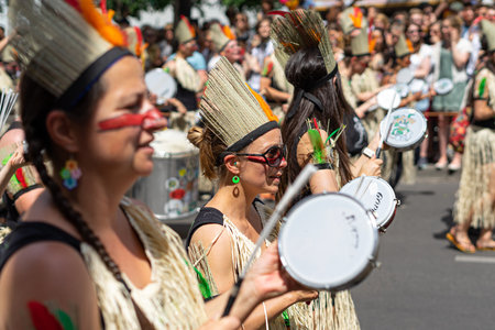 BERLIN - JUNE 09, 2019: The annual Carnival of Cultures (Karneval der Kulturen) celebrated around the Pentecost weekend. Participants carnival on the street.のeditorial素材