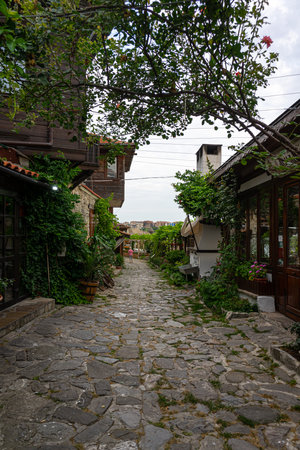 NESSEBAR, BULGARIA - JUNE 22, 2019: Beautiful and narrow street of the ancient seaside town....