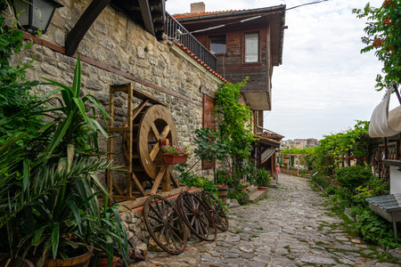 NESSEBAR, BULGARIA - JUNE 22, 2019: Beautiful and narrow street of the ancient seaside town....