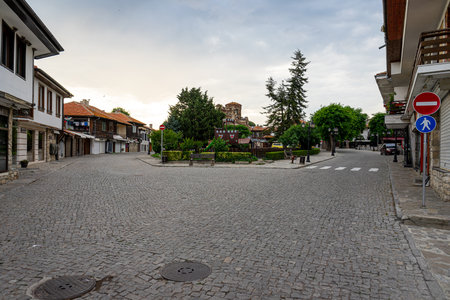 NESSEBAR, BULGARIA - JUNE 22, 2019: Narrow streets of the old seaside town. Early morning. Closed souvenir shops and stalls.のeditorial素材