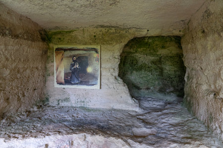 ALADZHA, BULGARIA - JUNE 26, 2019: Interior (monastic cell) of the medieval Orthodox Christian cave monastery complex of Aladzha.のeditorial素材