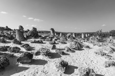 Pobiti Kamani (planted stones), also known as The Stone Desert, is a desert-like rock phenomenon located on the north west Varna Province of Bulgaria. Black and white.の写真素材