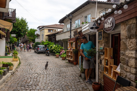 SOZOPOL, BULGARIA - JUNE 28, 2019: Gift shops on narrow of an ancient seaside town on the southern Bulgarian Black Sea Coast.のeditorial素材