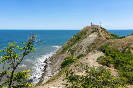 Natural landscape. The rocky coast of Cape Emine. The Bulgarian Black Sea Coast. In the background is the lighthouse building.の写真素材